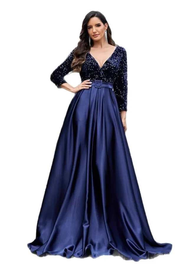 Plus Size V-neck Sequin Dress Velvet Long Sleeve Evening Gown