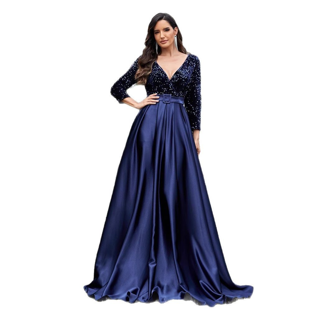 Plus Size V-neck Sequin Dress Velvet Long Sleeve Evening Gown