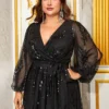 Plus Size Sequin V-Neck Lantern Sleeve High Waist Maxi Evening Dress