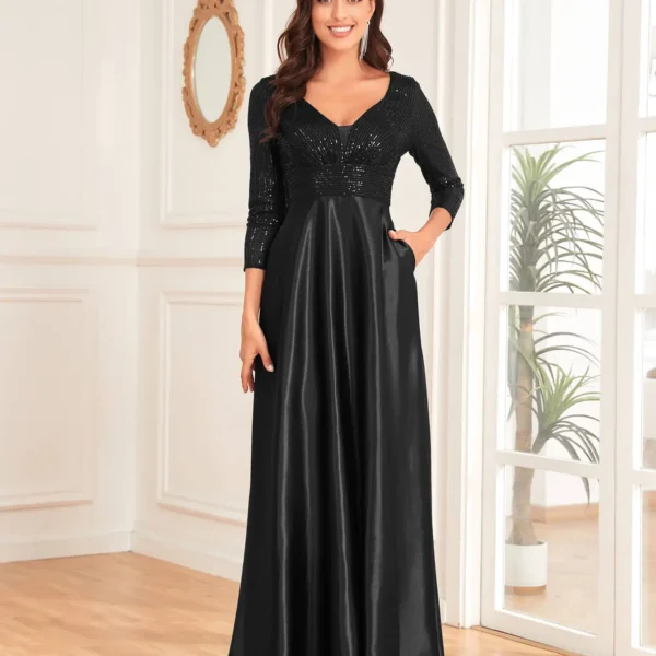 Sequin V-Neck Long Sleeve Satin Evening Gown Plus Size