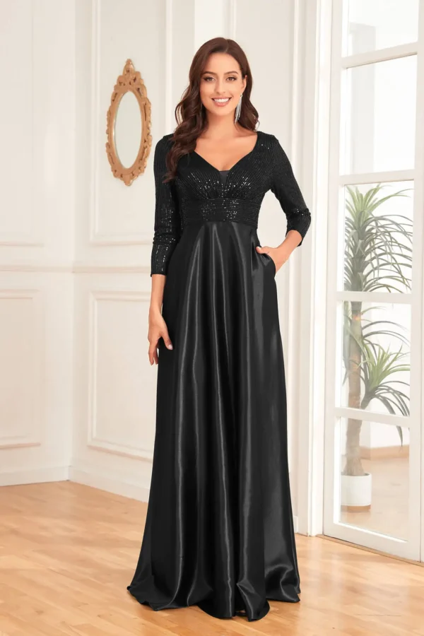 Sequin V-Neck Long Sleeve Satin Evening Gown Plus Size