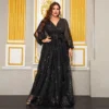 Plus Size Sequin V-Neck Lantern Sleeve High Waist Maxi Evening Dress