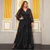 Plus Size Sequin V-Neck Lantern Sleeve High Waist Maxi Evening Dress