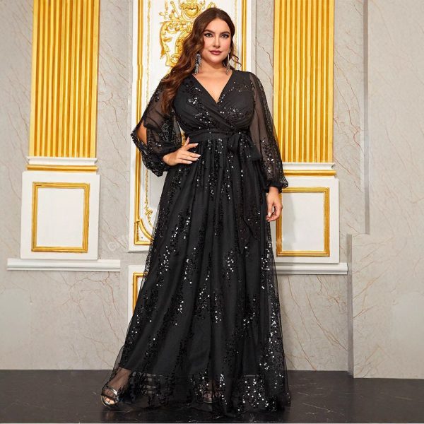 Plus Size Sequin V-Neck Lantern Sleeve High Waist Maxi Evening Dress