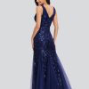 Womens Summer Mermaid Evening Gown Deep V-Neck Sleeveless Tulle Sequin Embroidered Dress