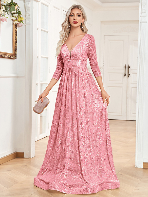 Sequin Evening Dress Women Long Sleeve V-Neck Elegant Maxi Gown