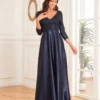 Sequin V-Neck Long Sleeve Satin Evening Gown Plus Size