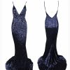 Sequin Evening Dress Women Spaghetti Strap V-Neck Backless Mermaid Gown