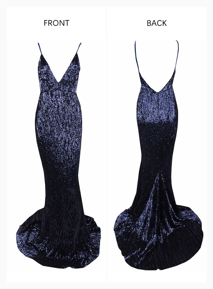 Sequin Evening Dress Women Spaghetti Strap V-Neck Backless Mermaid Gown