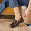 Womens Retro Round Toe Leather Loafer Flats Shoes Slip On Casual All Season