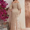 Plus Size Sequin Dress V-Neck Half Sleeve Slim Flowy Evening Gown