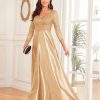 Sequin V-Neck Long Sleeve Satin Evening Gown Plus Size