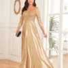 Sequin V-Neck Long Sleeve Satin Evening Gown Plus Size