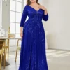Women Plus Size Sequin Long Sleeve V-Neck Elegant Evening Party Dress
