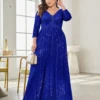 Women Plus Size Sequin Long Sleeve V-Neck Elegant Evening Party Dress