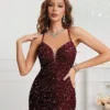 Womens Sequin Bodycon Evening Dress Spaghetti Strap V-Neck High Slit