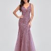 Womens Summer Mermaid Evening Gown Deep V-Neck Sleeveless Tulle Sequin Embroidered Dress