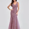 Elegant Deep V-Neck Evening Dress Gown with Embroidered Sequins