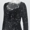 Sequin Velvet Long Sleeve V-Neck Mermaid Evening Gown Formal Party Dress