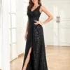 Womens Elegant Sequin Evening Cocktail Dress Deep-V Asymmetric Slit Slim