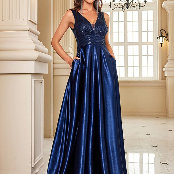 Deep-V Sleeveless Sequin Elegant Evening Gown Bridesmaid Plus Size