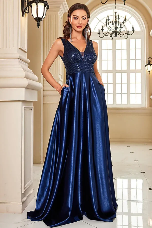 Deep-V Sleeveless Sequin Elegant Evening Gown Bridesmaid Plus Size