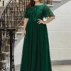 Women Plus Size Elegant Sequin Embroidery Short Sleeve Tulle Evening Gown Dress