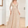 Sequin Evening Dress Women Long Sleeve V-Neck Elegant Maxi Gown
