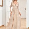 Womens Sequin V-Neck Long Sleeve Slim Maxi Evening Dress