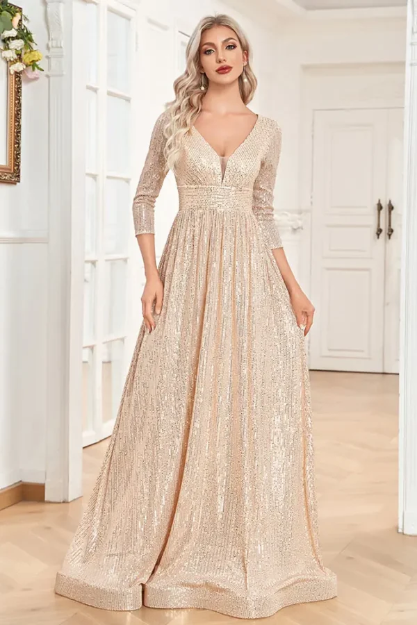 Womens Sequin V-Neck Long Sleeve Slim Maxi Evening Dress