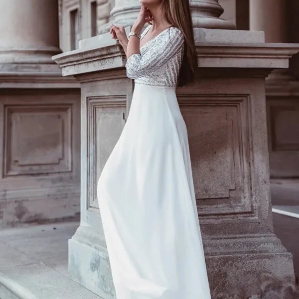 Plus Size Sequin V-Neck 3/4 Sleeve Evening Dress