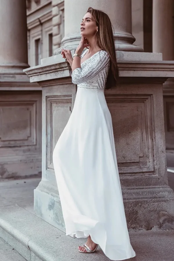 Plus Size Sequin V-Neck 3/4 Sleeve Evening Dress