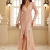 Elegant VNeck Long Sleeve Sequin Long Evening Dress Wedding Guest Cocktail