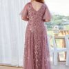 Plus Size Embroidered Sequin Evening Dress Deep V Flounce Sleeve Mermaid Train