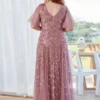 Plus Size Embroidered Sequin Evening Dress Deep V Flounce Sleeve Mermaid Train