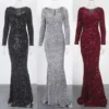 Sequin Velvet Long Sleeve V-Neck Mermaid Evening Gown Formal Party Dress