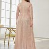 Women Plus Size Sequin Long Sleeve V-Neck Elegant Evening Party Dress