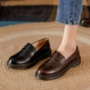 Womens Retro Round Toe Leather Loafer Flats Shoes Slip On Casual All Season