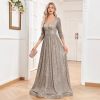 Sequin Evening Dress Women Long Sleeve V-Neck Elegant Maxi Gown
