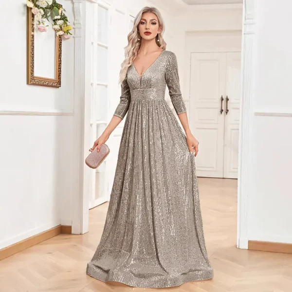 Sequin Evening Dress Women Long Sleeve V-Neck Elegant Maxi Gown