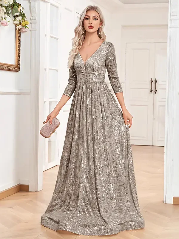 Sequin Evening Dress Women Long Sleeve V-Neck Elegant Maxi Gown