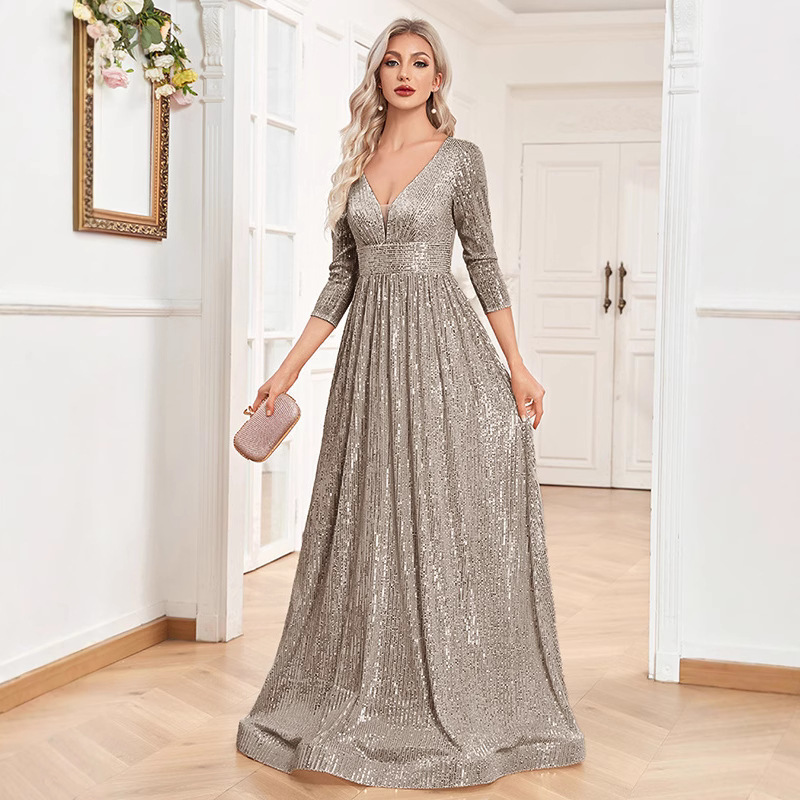 Sequin Evening Dress Women Long Sleeve V-Neck Elegant Maxi Gown