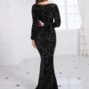 Long Sleeve Sequin Stretch Velvet Mermaid Evening Dress