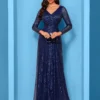 Sequin Long Sleeve V-Neck Elegant Maxi Evening Gown Women Dress