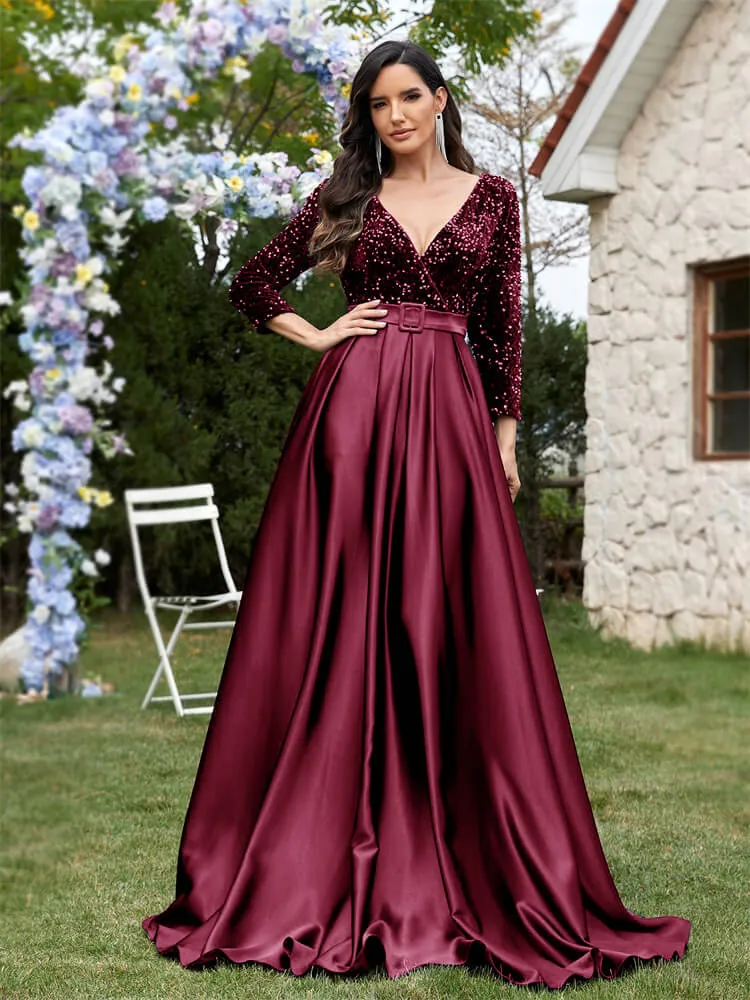 Plus Size V-neck Sequin Dress Velvet Long Sleeve Evening Gown