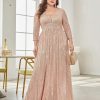 Women Plus Size Sequin Long Sleeve V-Neck Elegant Evening Party Dress