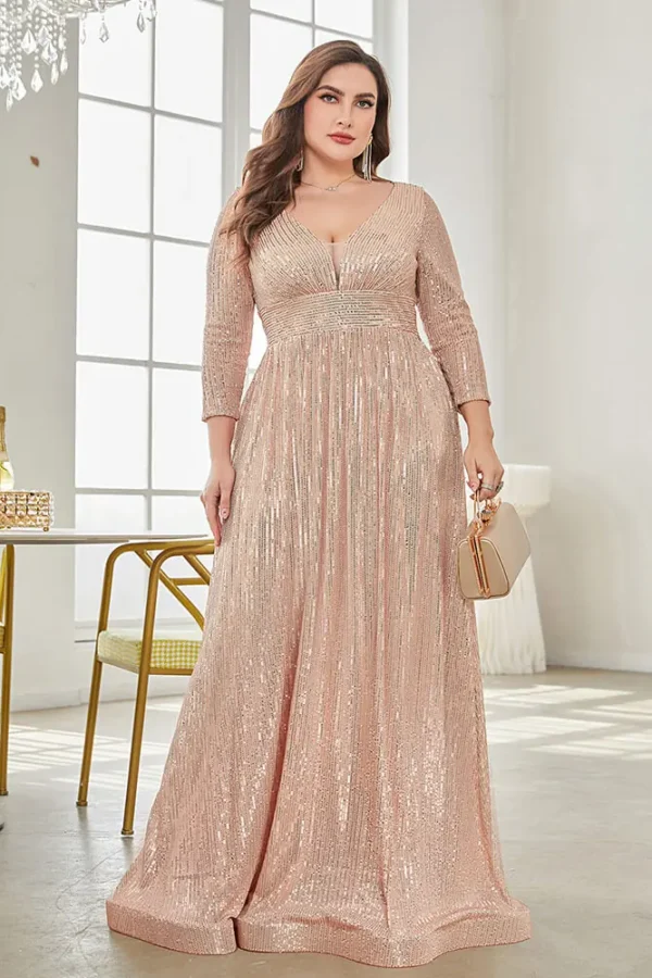 Women Plus Size Sequin Long Sleeve V-Neck Elegant Evening Party Dress