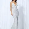 Sequin Evening Dress Women Spaghetti Strap V-Neck Backless Mermaid Gown