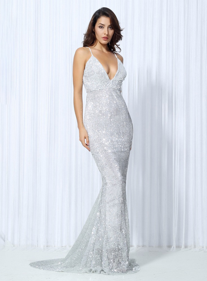 Sequin Evening Dress Women Spaghetti Strap V-Neck Backless Mermaid Gown