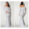 Feather Off-Shoulder Sequin Velvet Stretch Mermaid Evening Party Dress